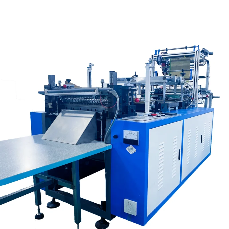 Image of a Premium Automatic Plastic Glove Making Machine, featuring a blue and white body with various mechanical components and controls, designed for efficient production of plastic gloves.