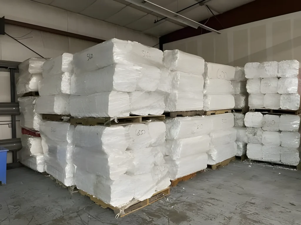 Stacks of white foam blocks on pallets in warehouse.