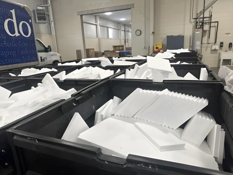 Bins filled with white foam pieces in warehouse