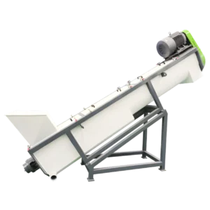 A side profile of an industrial friction screw washer, featuring a long, white, inclined trough mounted on a grey support frame, with a feed hopper at the low end and an electric motor at the high end.