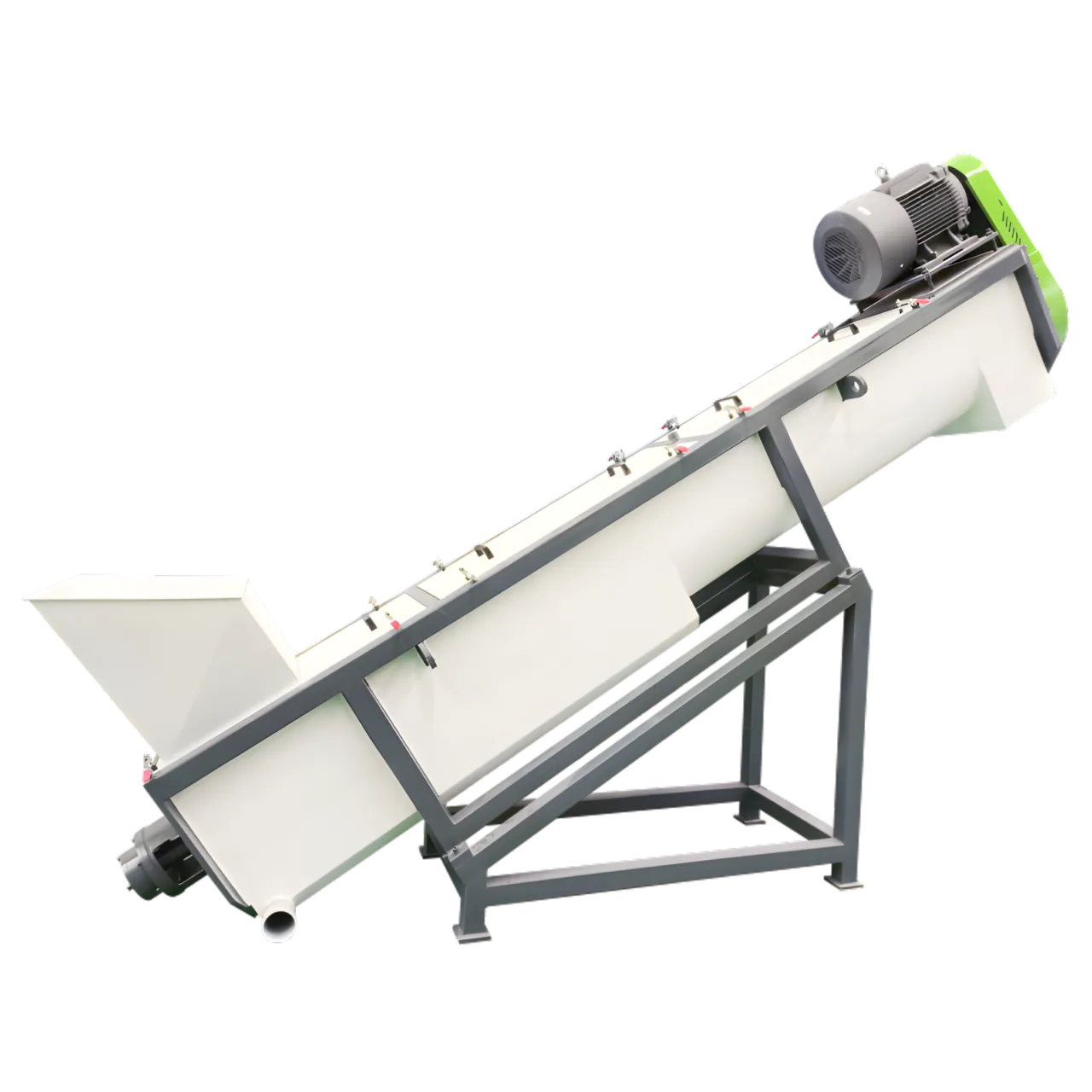 A side profile of an industrial friction screw washer, featuring a long, white, inclined trough mounted on a grey support frame, with a feed hopper at the low end and an electric motor at the high end.