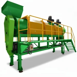 An industrial plastic bottle label removal machine with a green frame and yellow chamber, used for stripping labels from bottles in a recycling line.