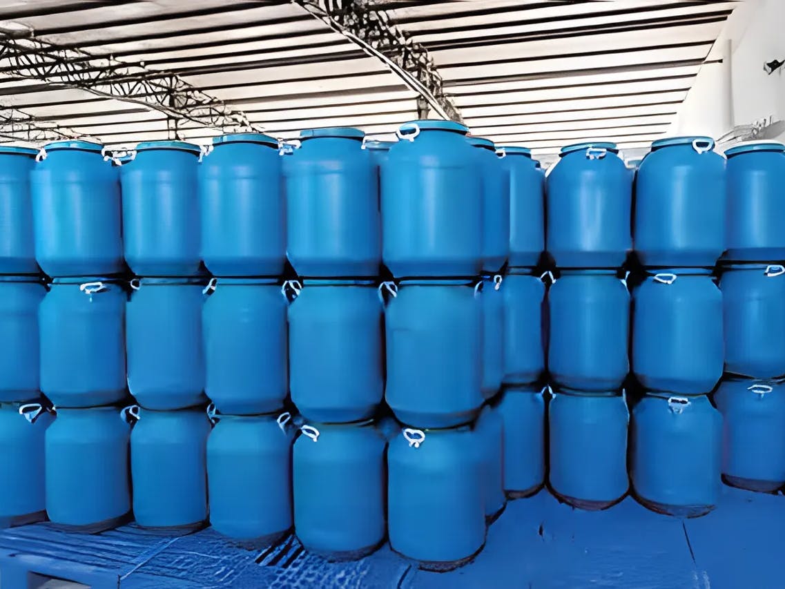 Contaminated HDPE plastic buckets before processing